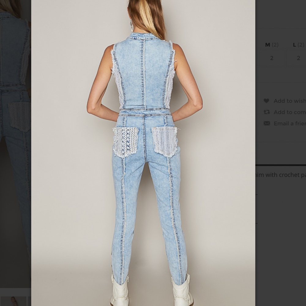 🌼 POL “ Gloria “ POL Jean One Piece Jumpsuit Utility Romper with Crochet 58 - Picture 5 of 6